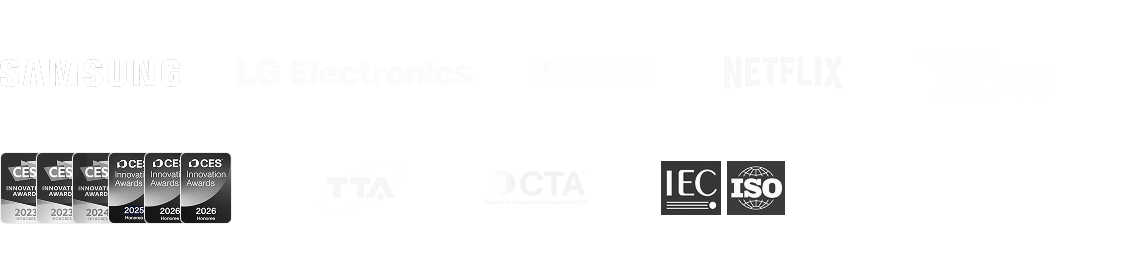 Logos of Samsung, LG Electronics, Naver, Netflix, Hyundai Mobis, CES Innovation Awards, TTA, OCTA, IEC, ISO, and ANSI.